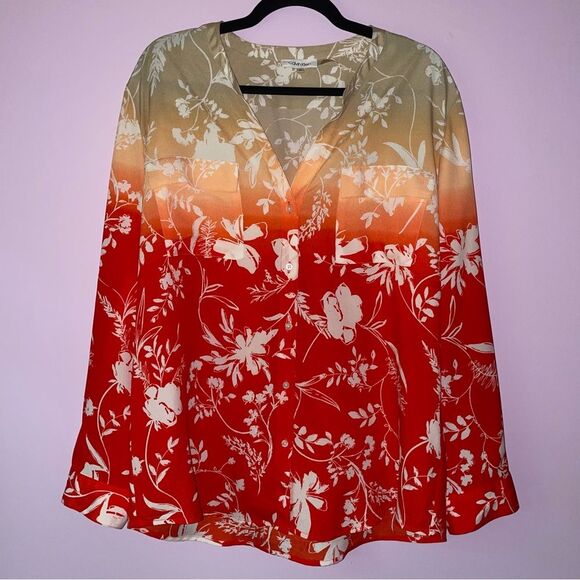Calvin Klein Blouse XL Red Ombre Whimsical Floral Button Long Sleeve - Picture 1 of 9